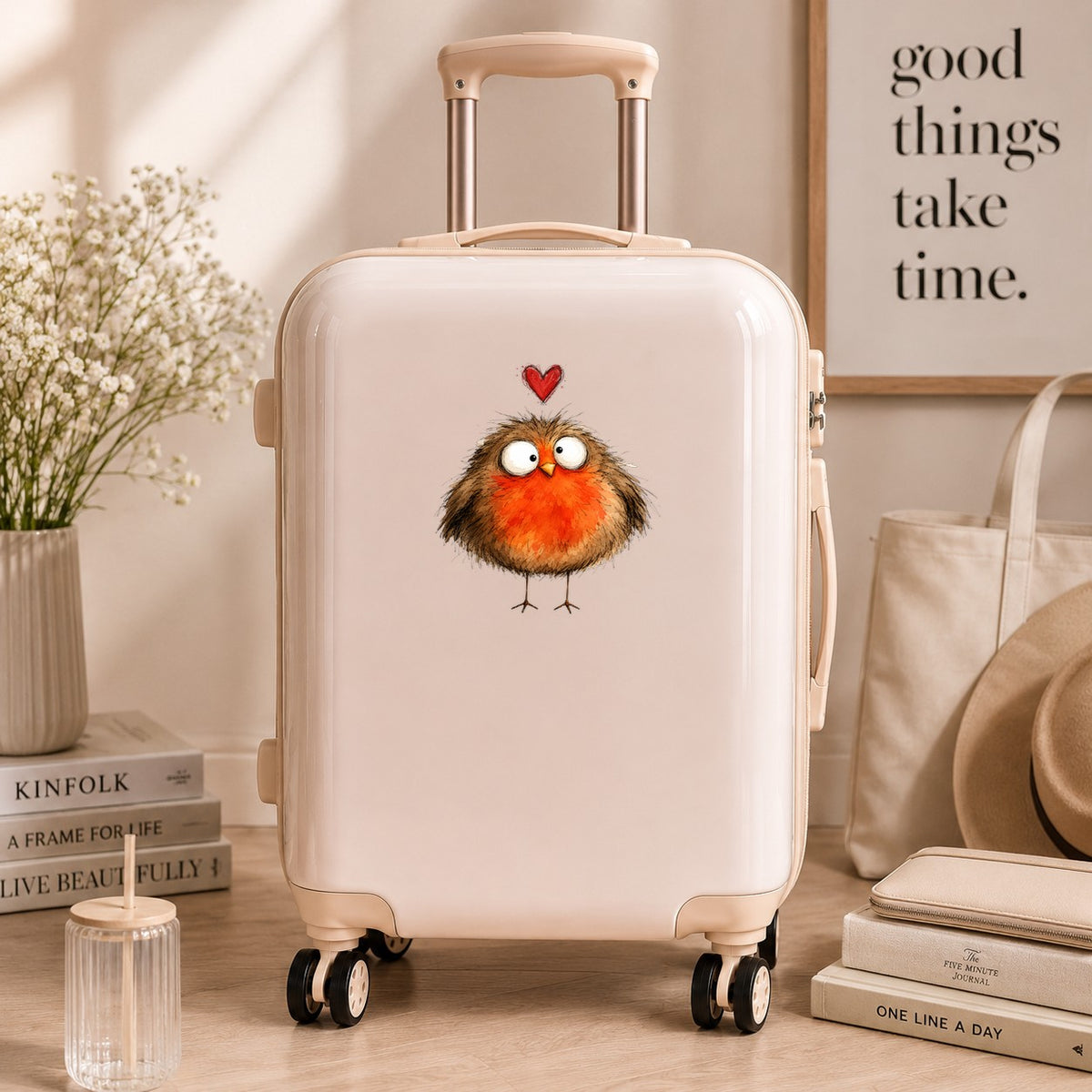 Round Robin Bird UV DTF sticker applied to a cream carry-on suitcase