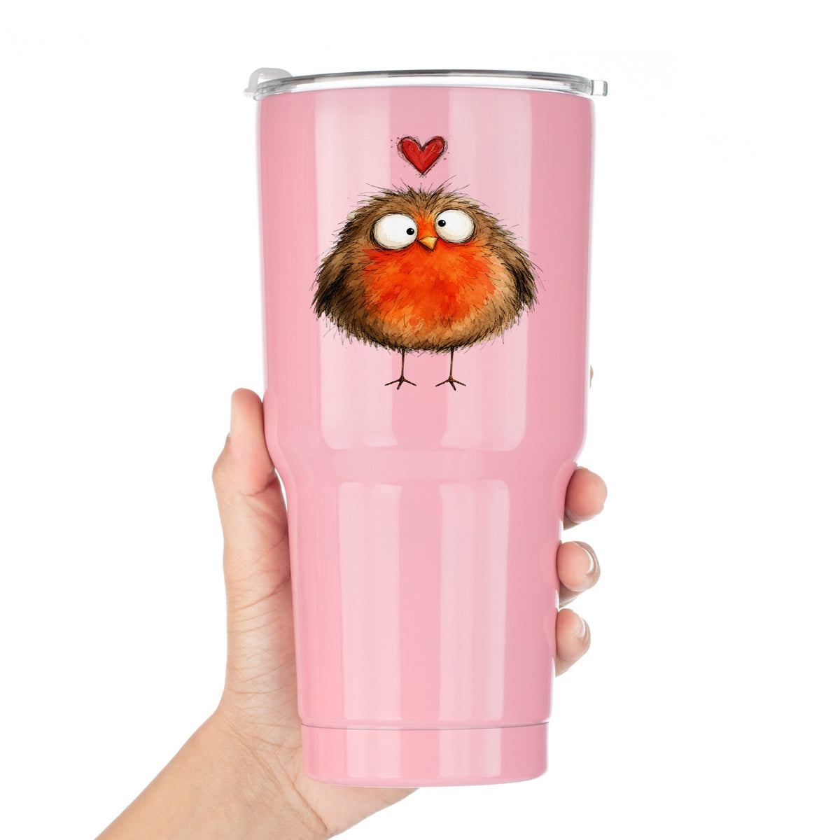 Round Robin Bird UV DTF sticker applied to a pink tumbler held against a white background
