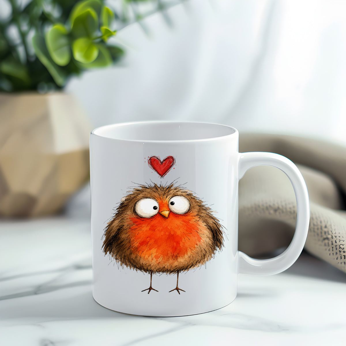 Round Robin Bird UV DTF sticker applied to a white coffee mug