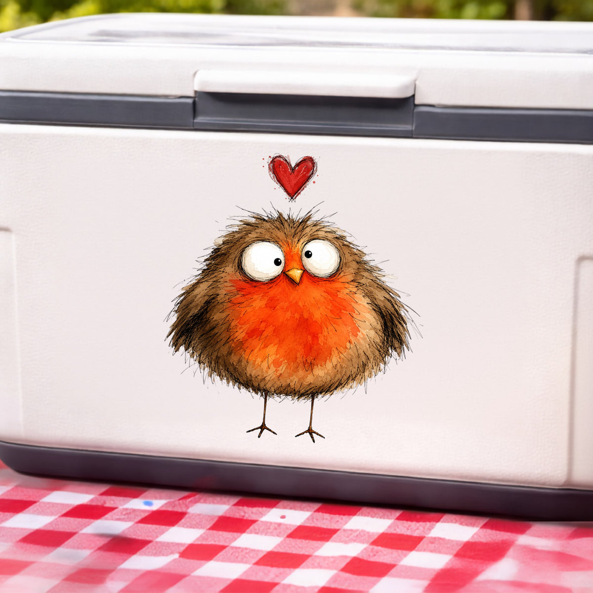 Round Robin Bird UV DTF sticker applied to a white cooler on a red gingham cloth