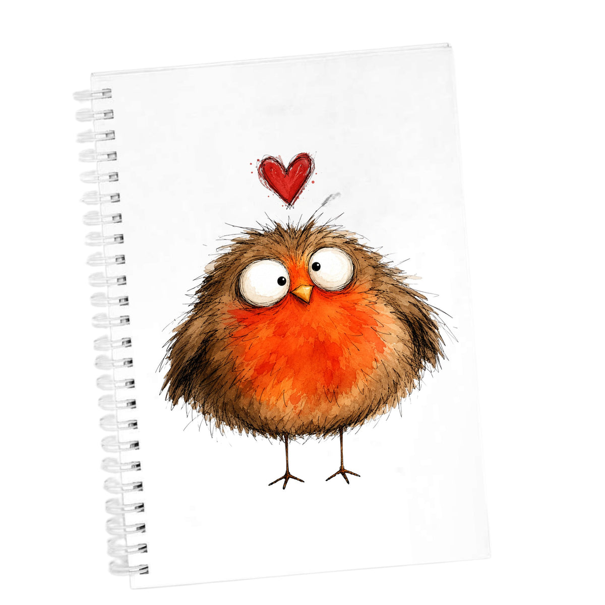 Round Robin Bird UV DTF sticker applied to the cover of a white spiral journal