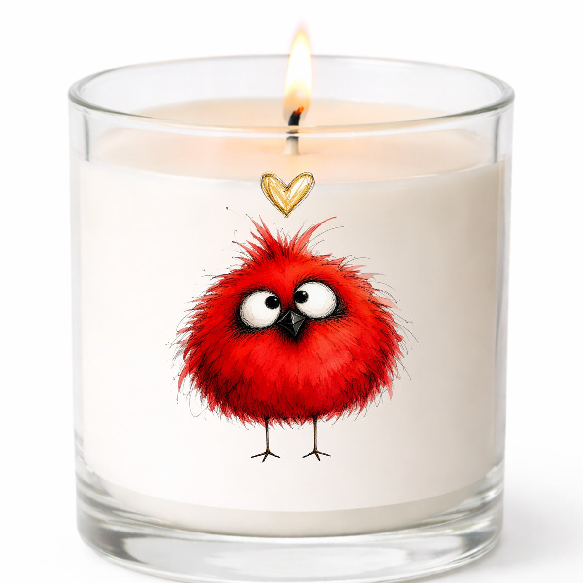 Funny Red Cardinal UV DTF sticker applied to a white candle in a clear glass jar