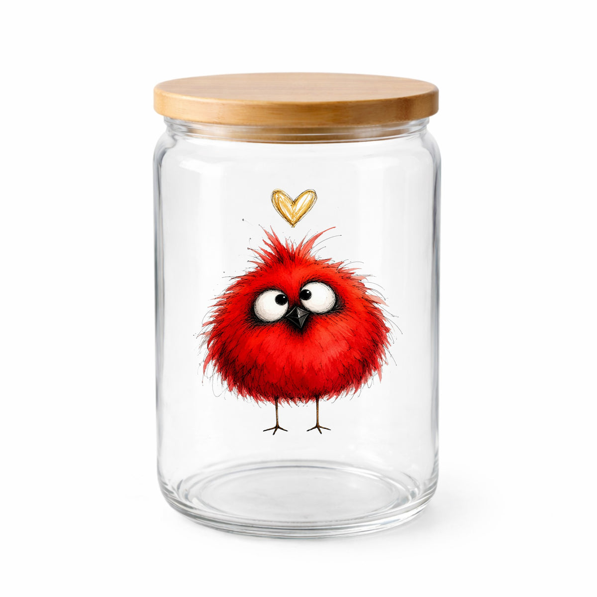Funny Red Cardinal UV DTF sticker applied to a clear glass jar with a wooden lid