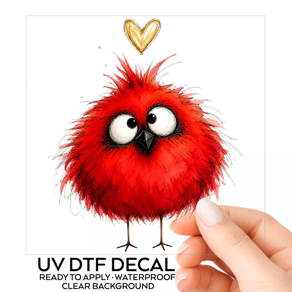 Funny Red Cardinal UV DTF sticker on its backing card, held in hand
