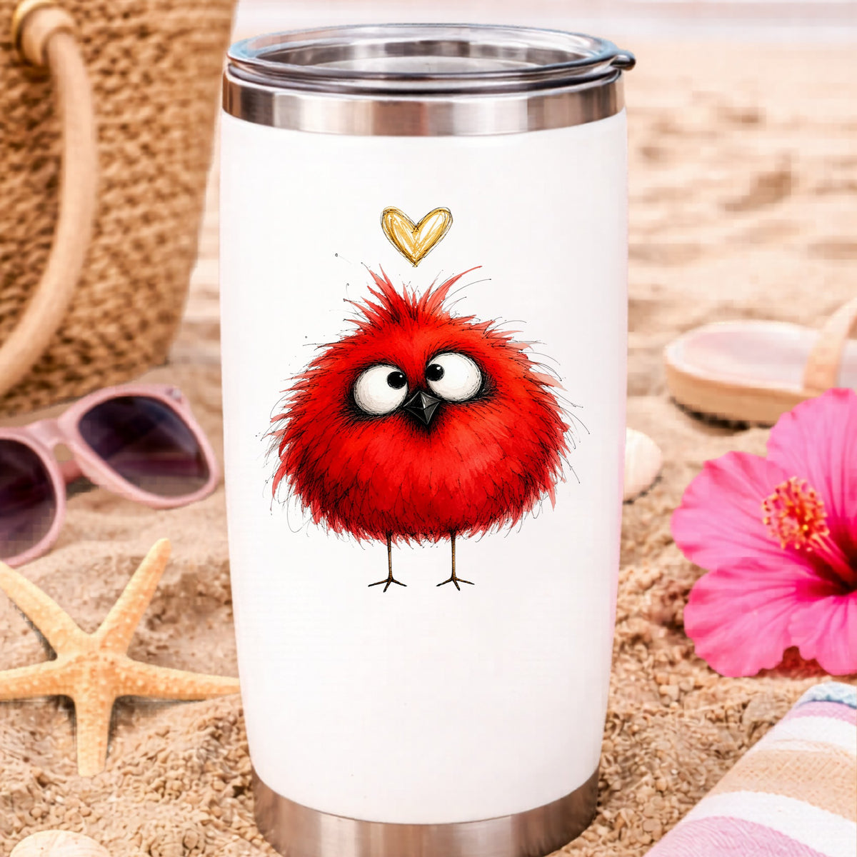 Funny Red Cardinal UV DTF sticker applied to a white travel tumbler on beach sand
