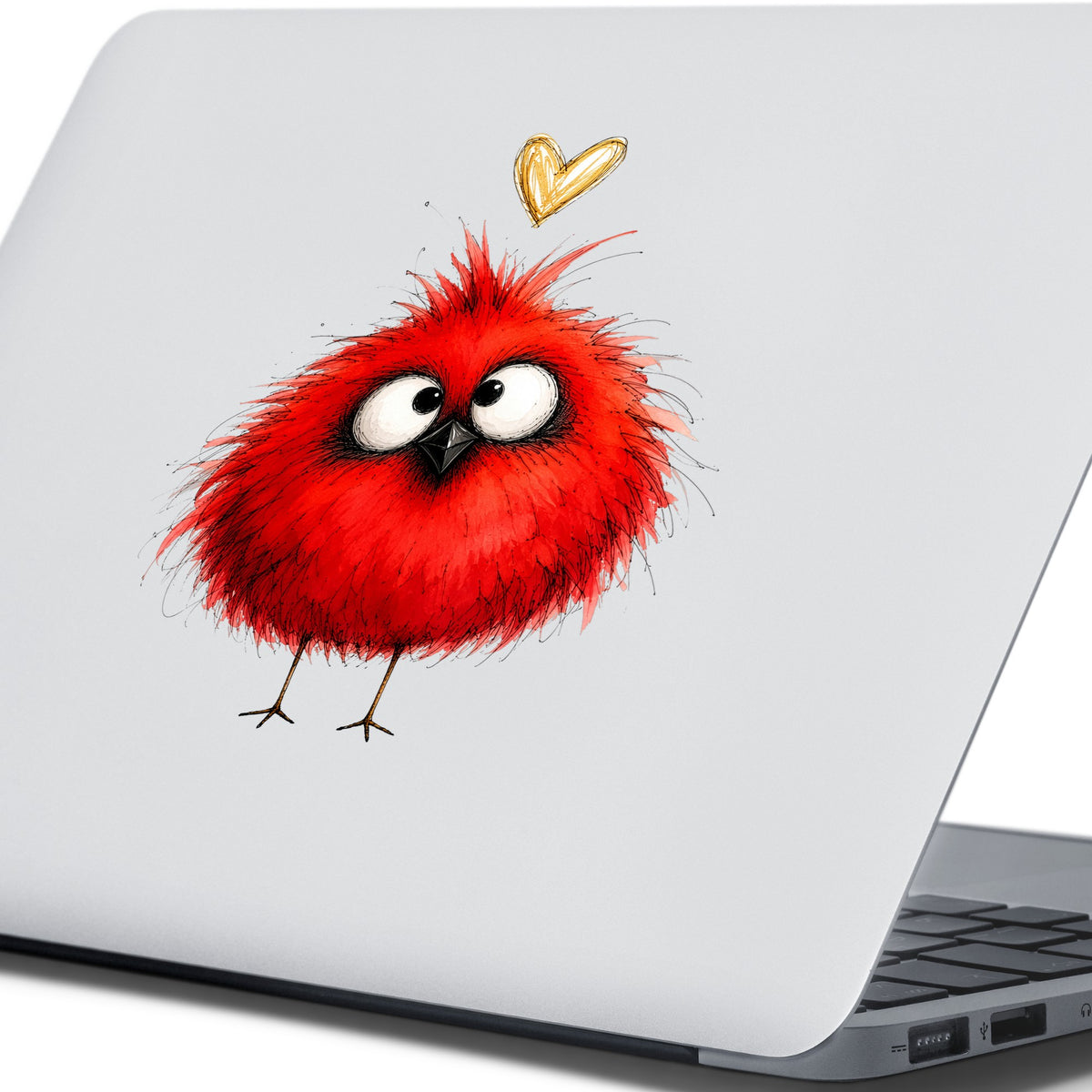 Funny Red Cardinal UV DTF sticker applied to the lid of a silver laptop
