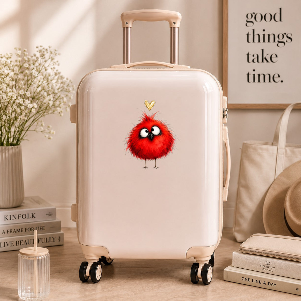 Funny Red Cardinal UV DTF sticker applied to a cream carry-on suitcase