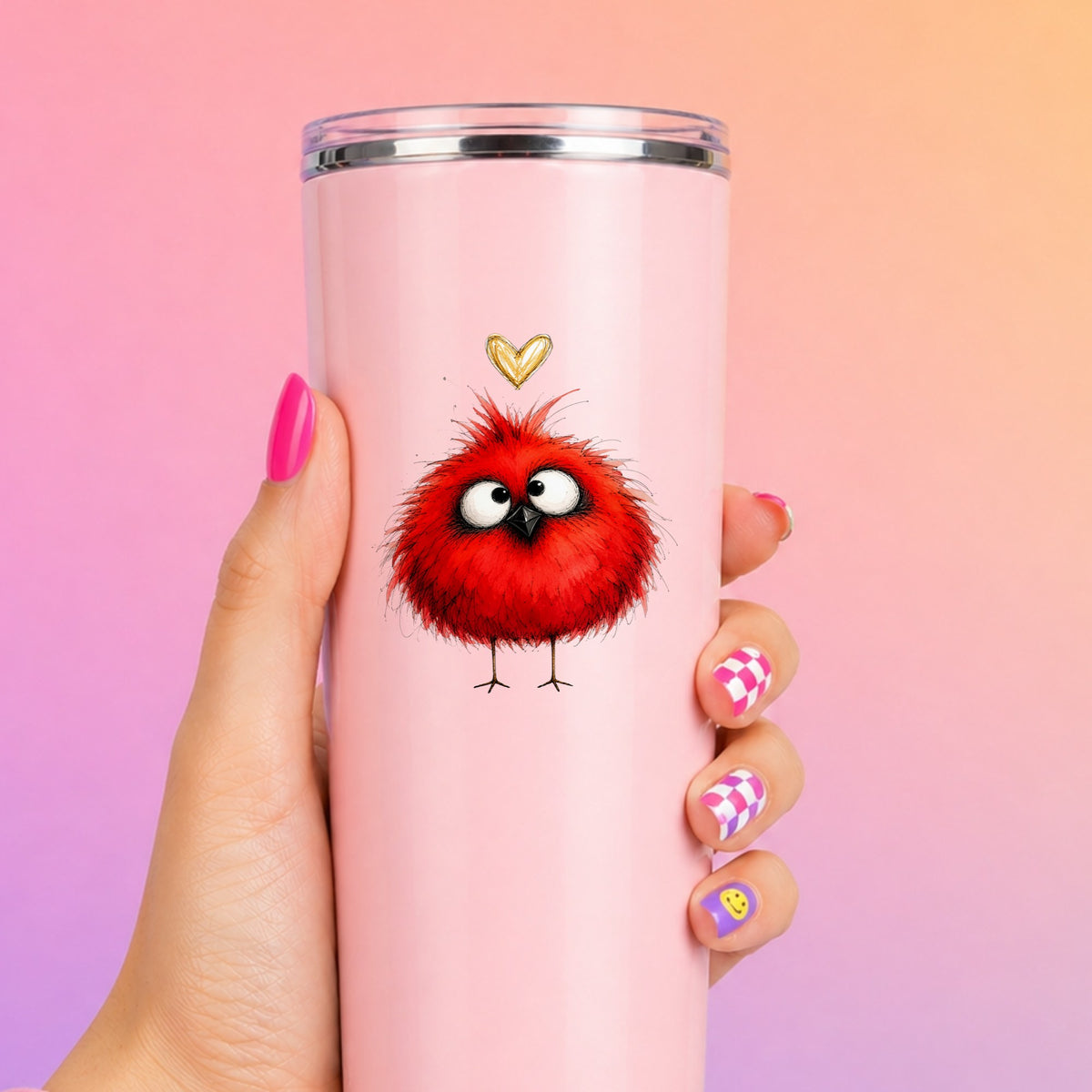 Funny Red Cardinal UV DTF sticker applied to a tall pink tumbler on a pink and orange background