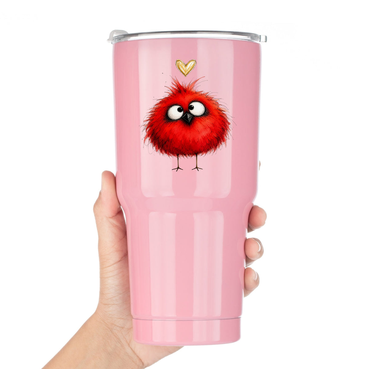 Funny Red Cardinal UV DTF sticker applied to a pink tumbler held against a white background