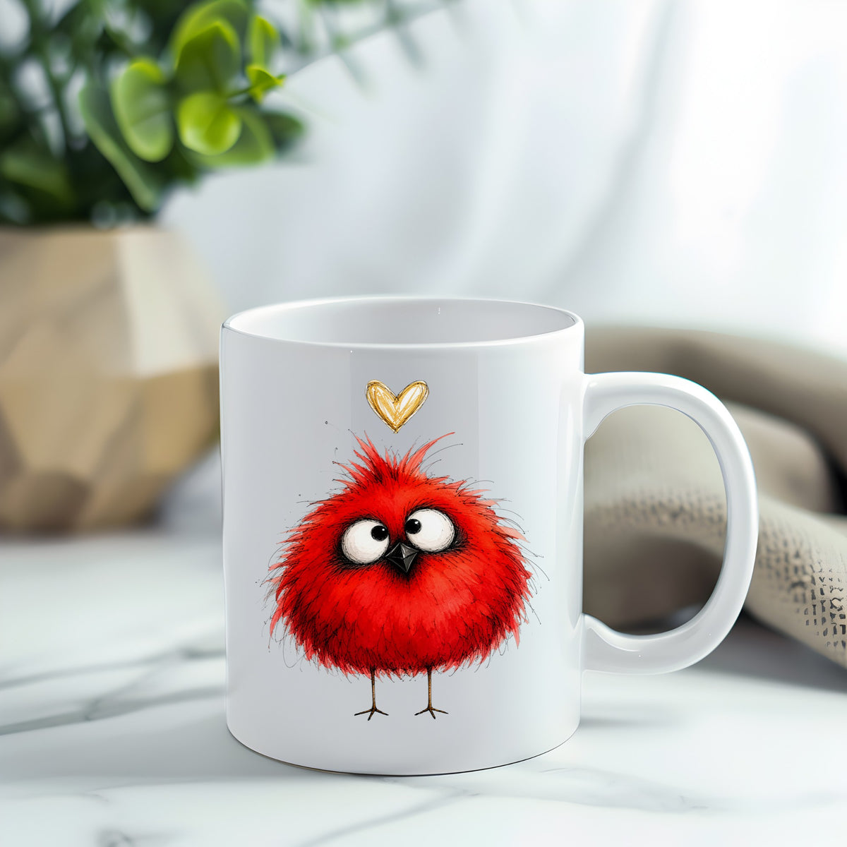 Funny Red Cardinal UV DTF sticker applied to a white coffee mug