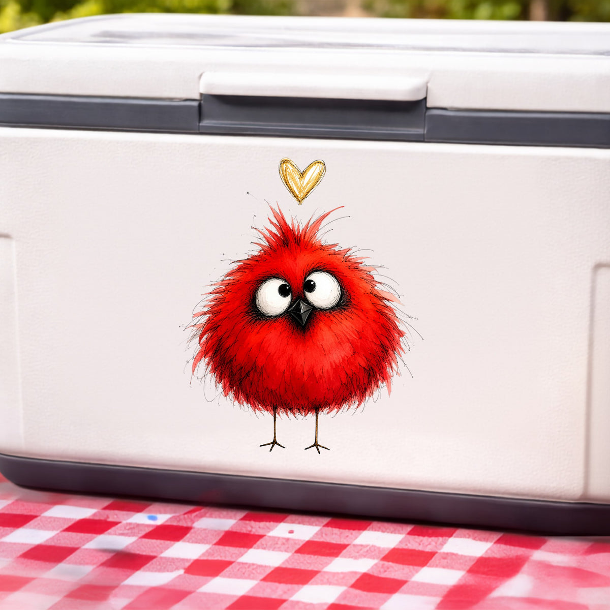 Funny Red Cardinal UV DTF sticker applied to a white cooler on a red gingham cloth