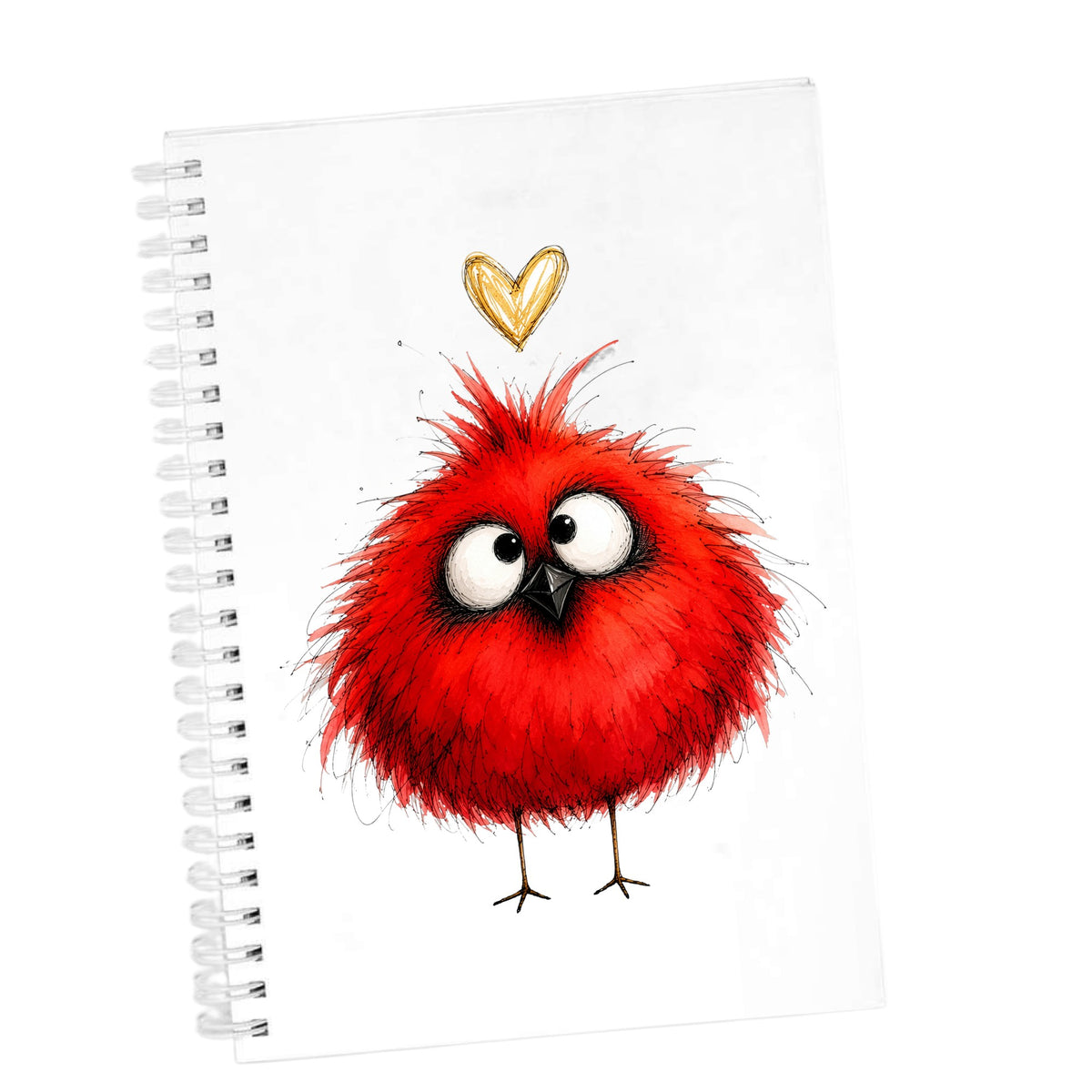 Funny Red Cardinal UV DTF sticker applied to the cover of a white spiral journal