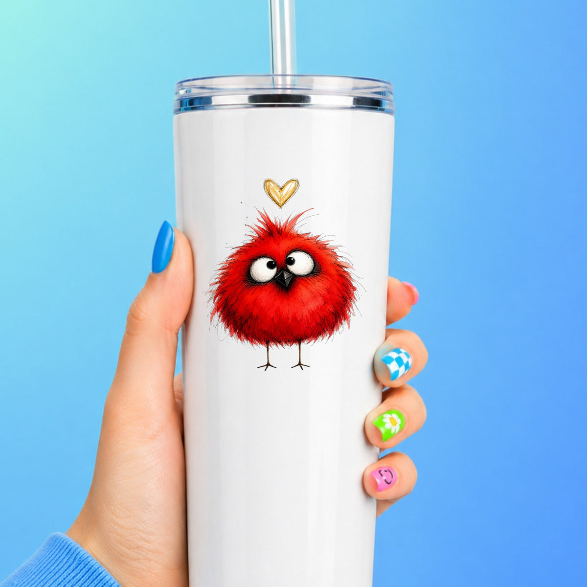 Funny Red Cardinal UV DTF sticker applied to a white straw tumbler on a blue background
