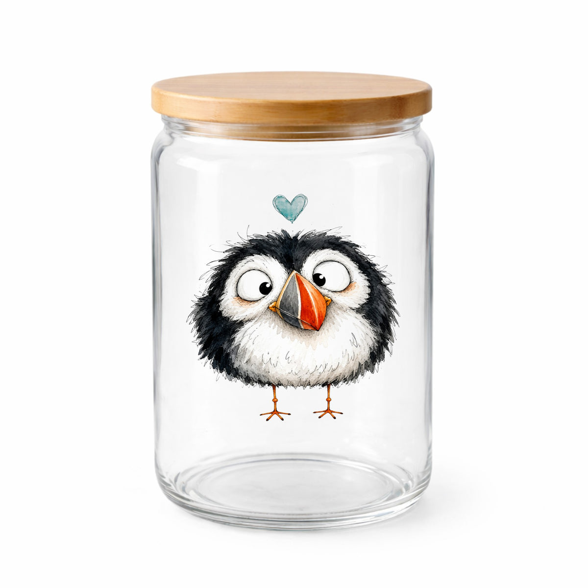 Cartoon Puffin UV DTF sticker applied to a clear glass jar with a wooden lid