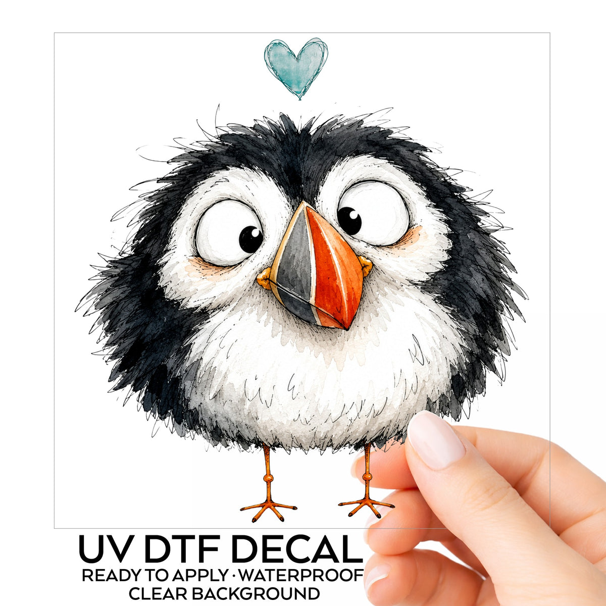 Cartoon Puffin UV DTF sticker on its backing card, held in hand