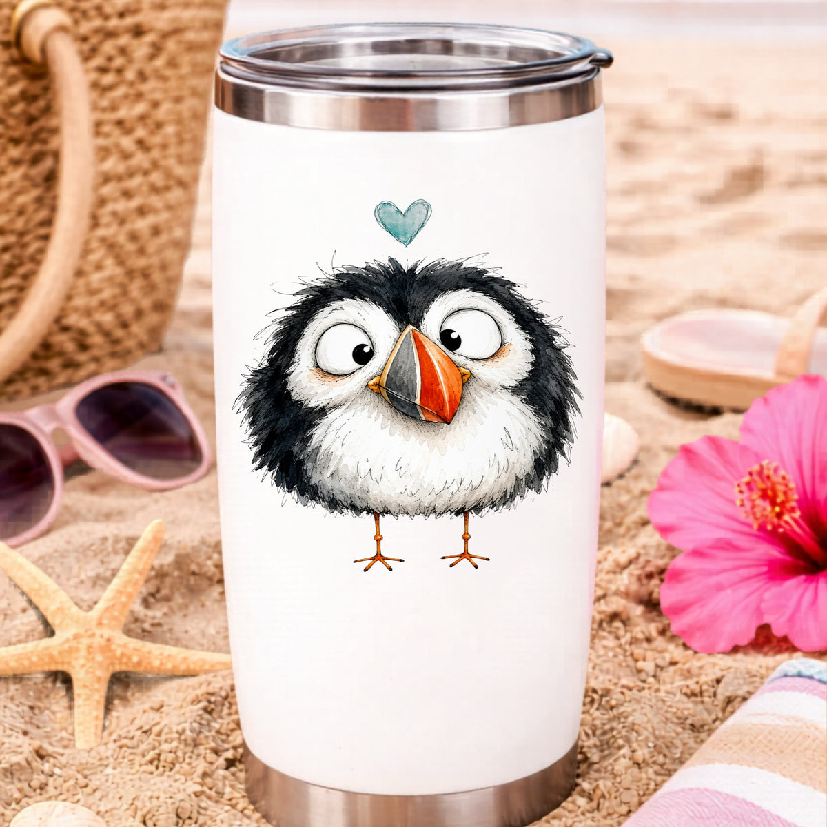 Cartoon Puffin UV DTF sticker applied to a white travel tumbler on beach sand
