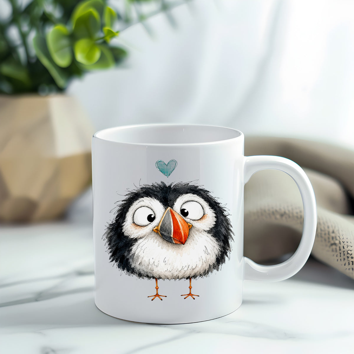 Cartoon Puffin UV DTF sticker applied to a white coffee mug