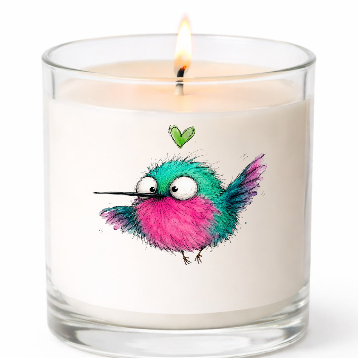 Flying Cartoon Hummingbird UV DTF sticker applied to a white candle in a clear glass jar