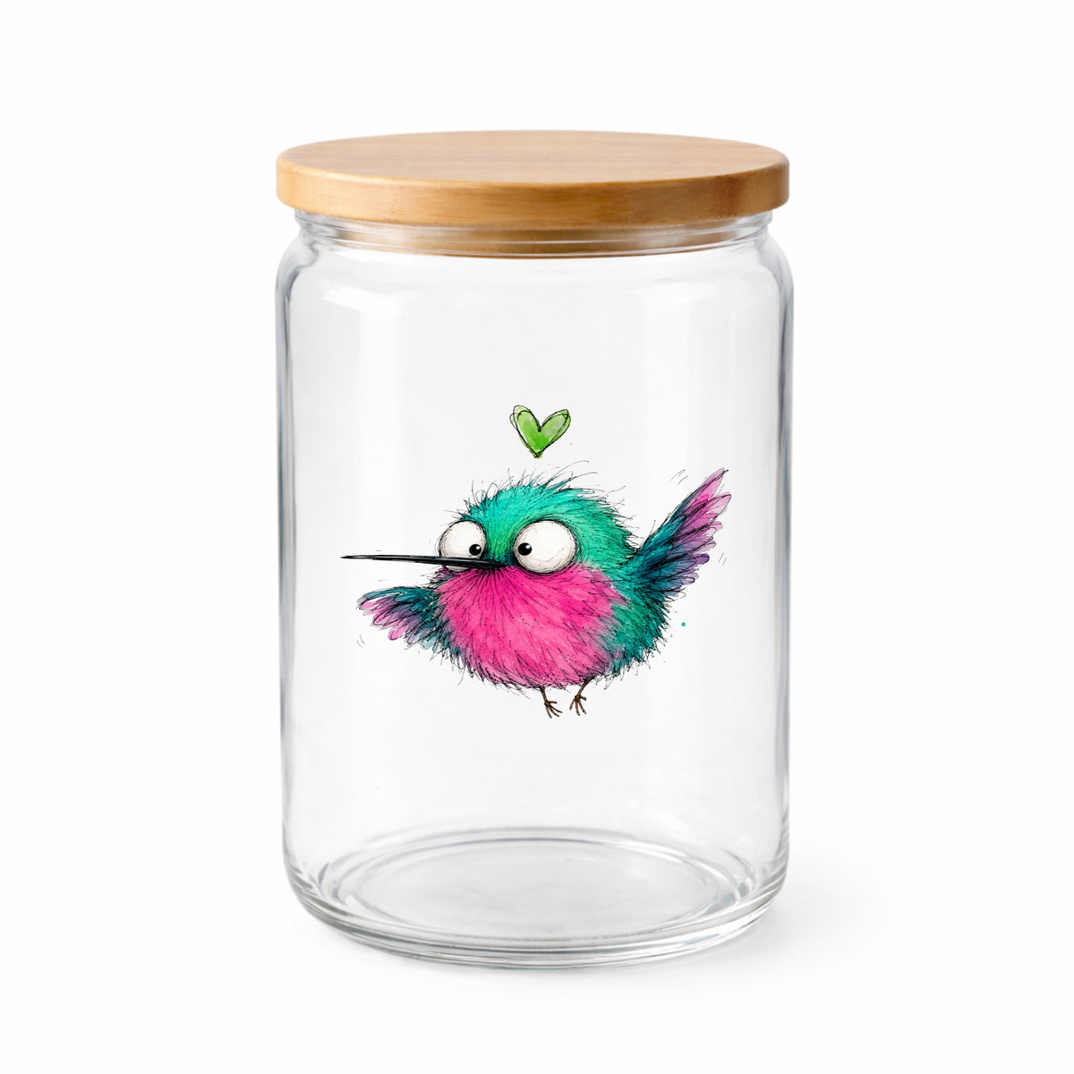 Flying Cartoon Hummingbird UV DTF sticker applied to a clear glass jar with a wooden lid