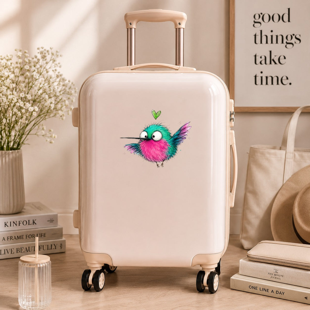 Flying Cartoon Hummingbird UV DTF sticker applied to a cream carry-on suitcase