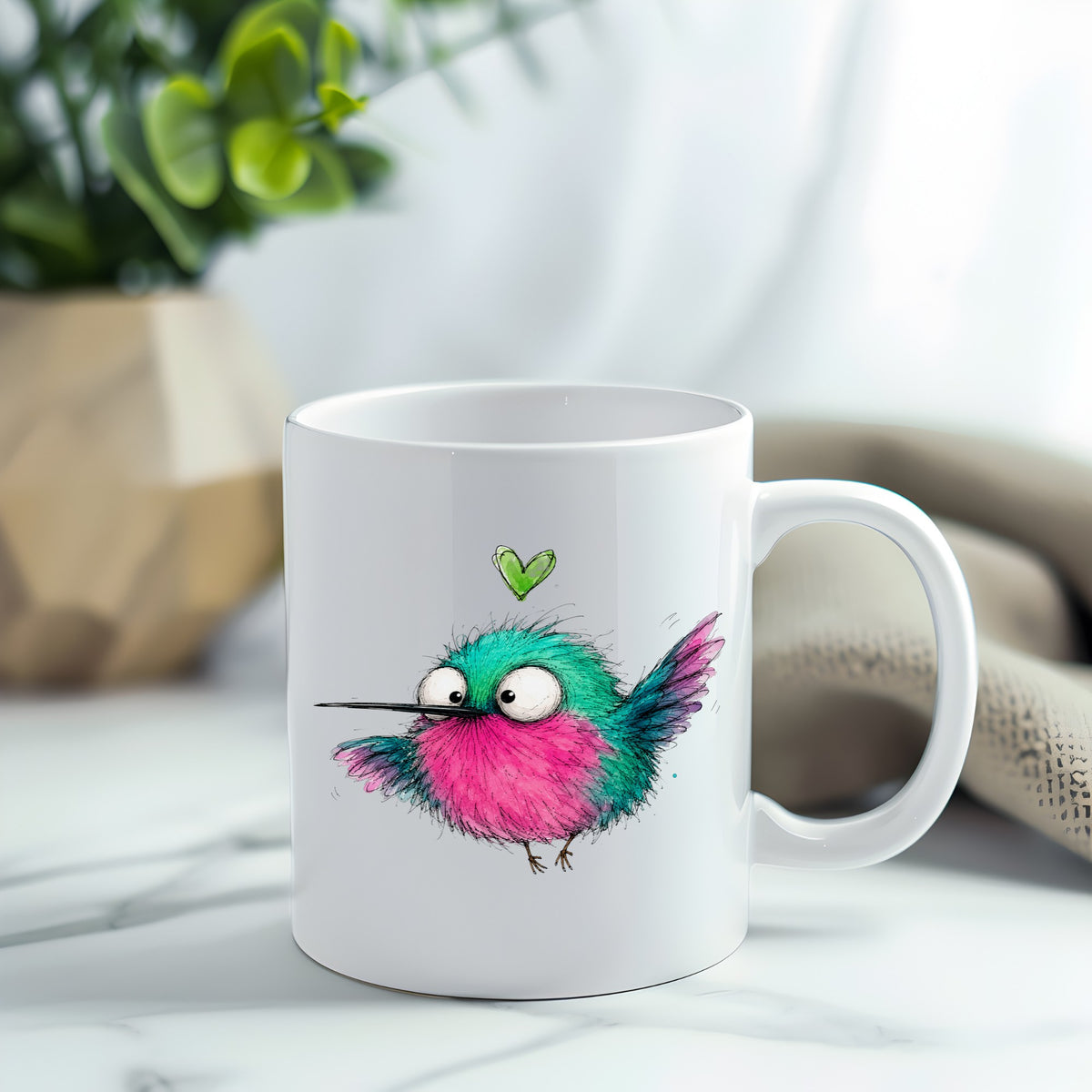 Flying Cartoon Hummingbird UV DTF sticker applied to a white coffee mug