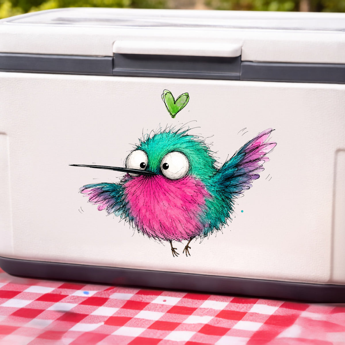 Flying Cartoon Hummingbird UV DTF sticker applied to a white cooler on a red gingham cloth
