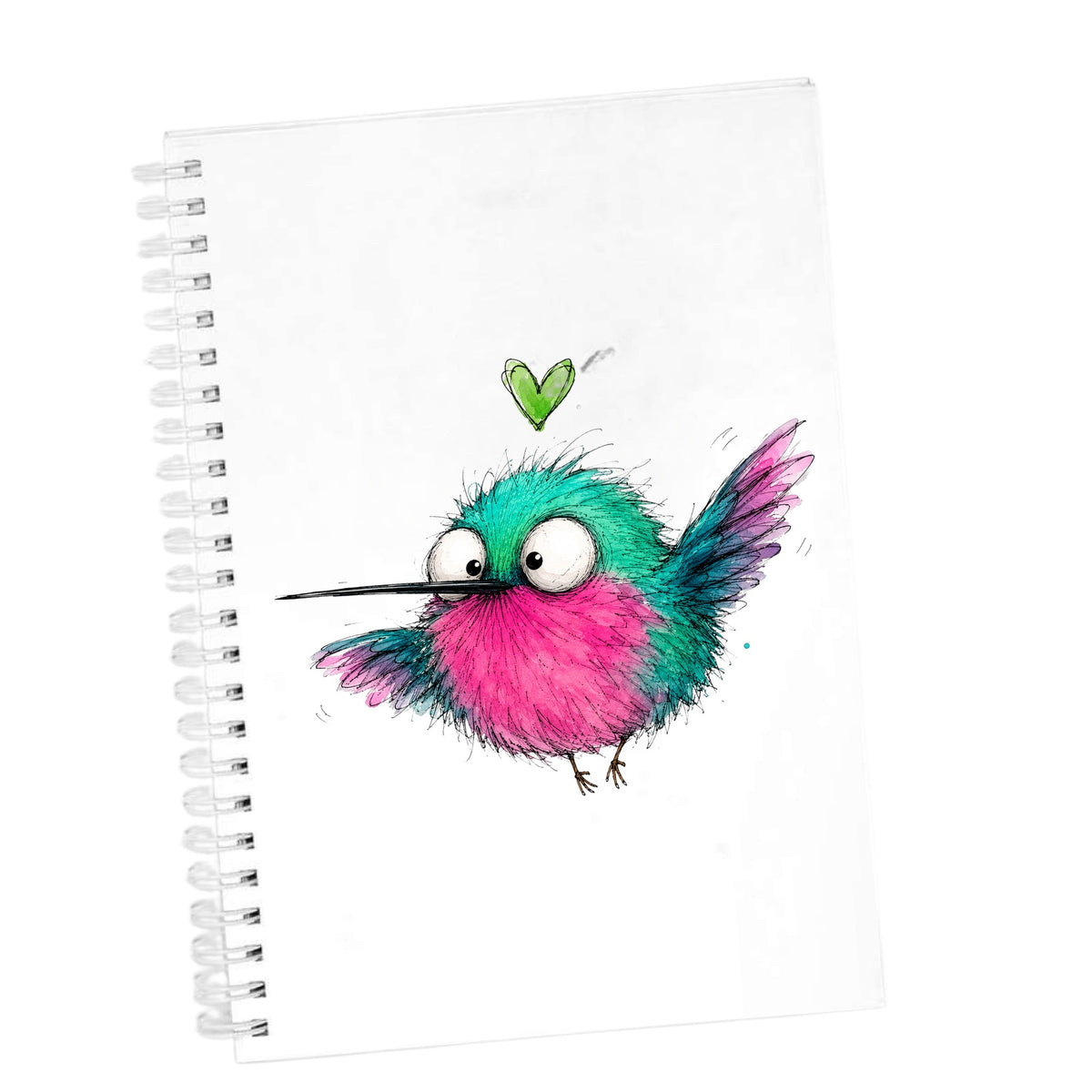 Flying Cartoon Hummingbird UV DTF sticker applied to the cover of a white spiral journal