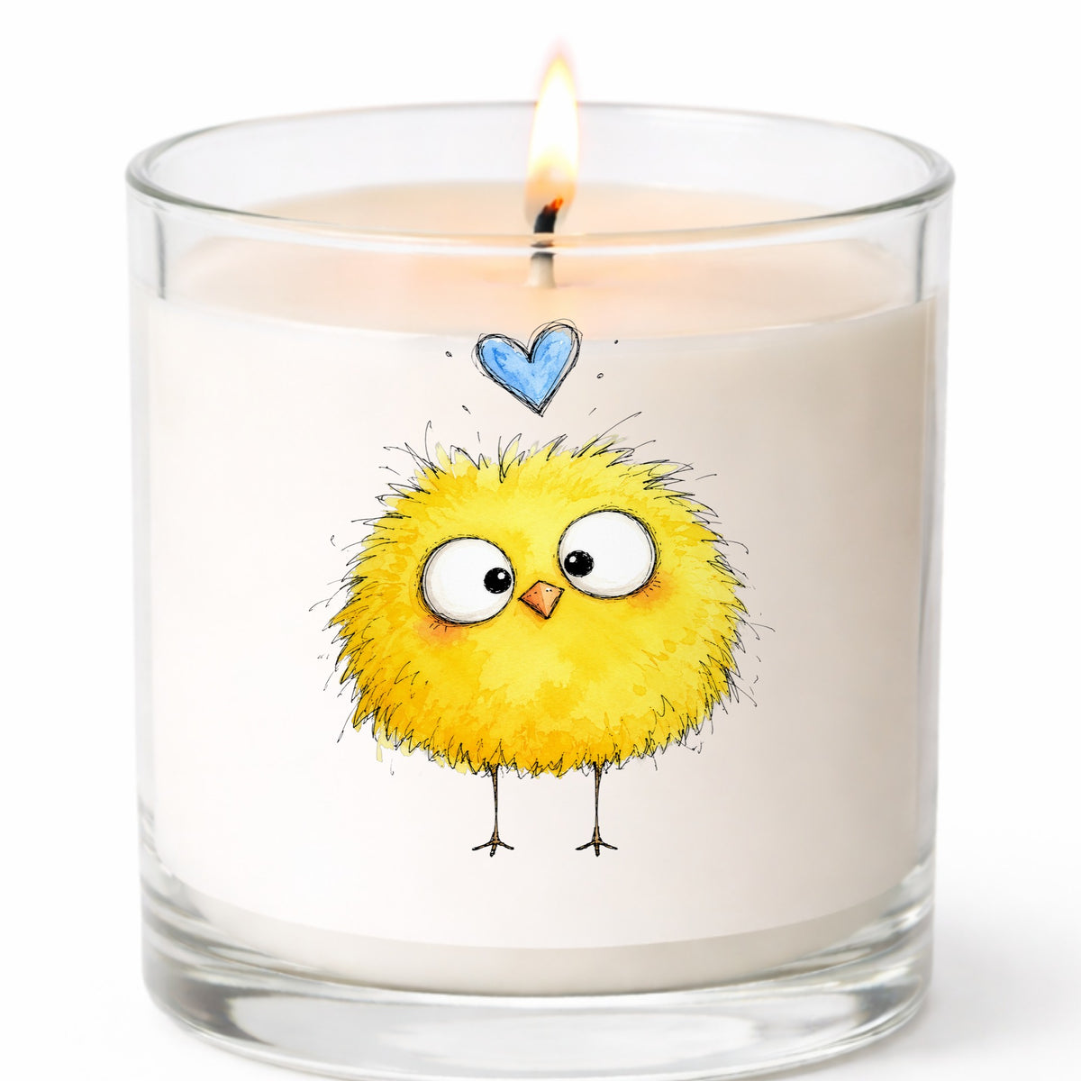 Fluffy Yellow Chick UV DTF sticker applied to a white candle in a clear glass jar