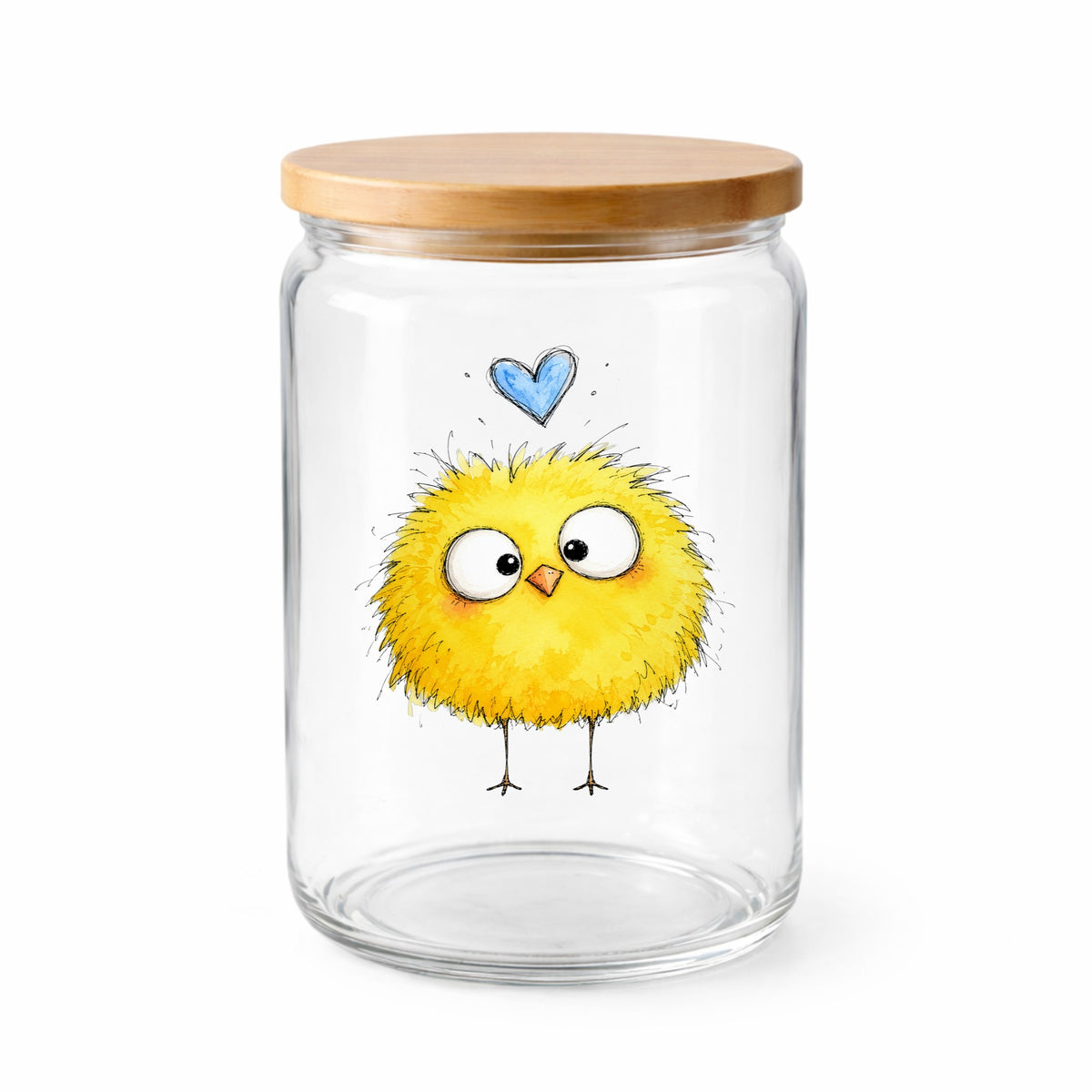 Fluffy Yellow Chick UV DTF sticker applied to a clear glass jar with a wooden lid