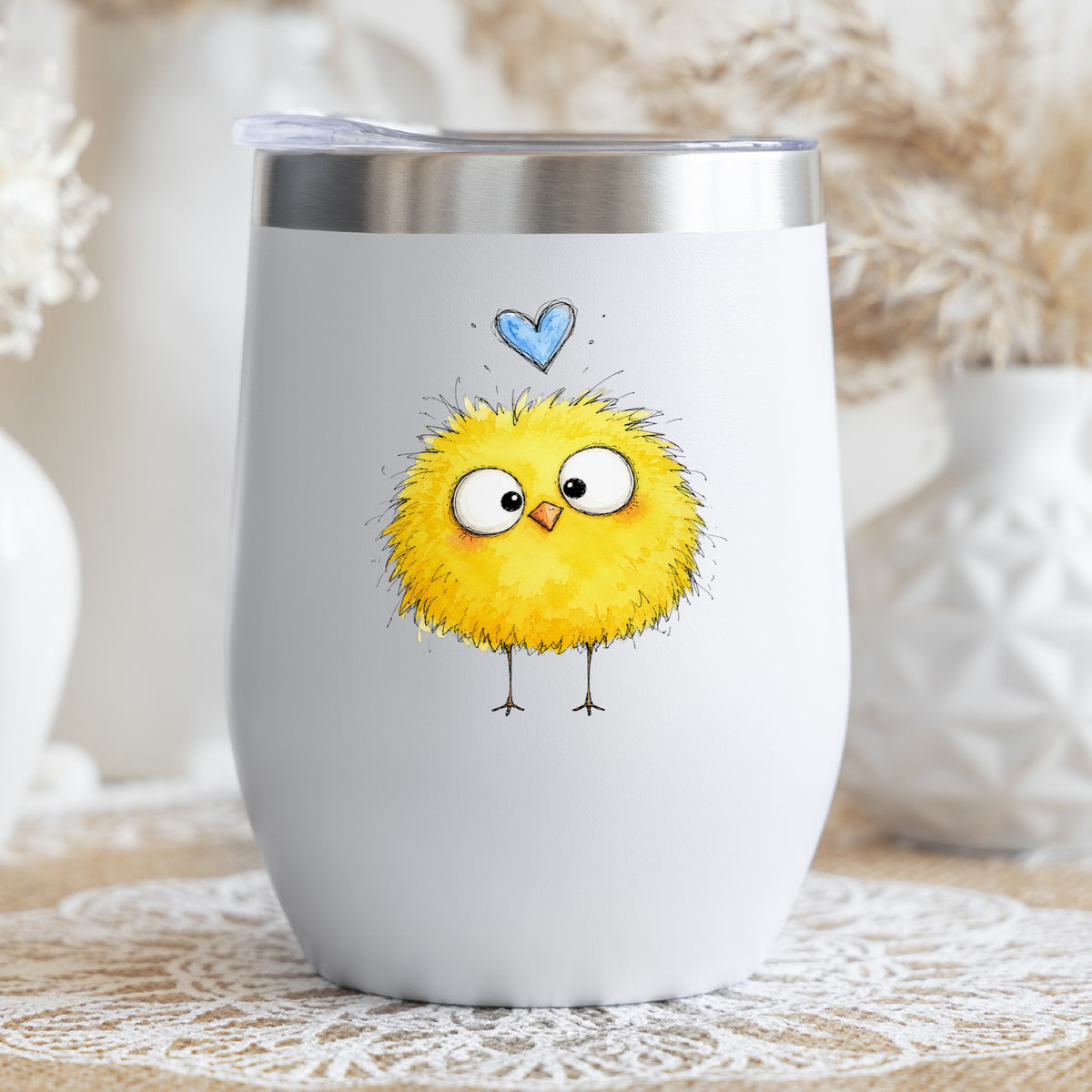 Fluffy Yellow Chick UV DTF sticker applied to a white stemless tumbler with a lid