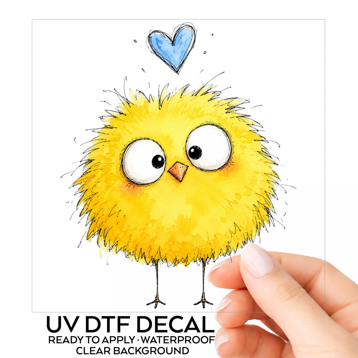 Fluffy Yellow Chick UV DTF sticker on its backing card, held in hand