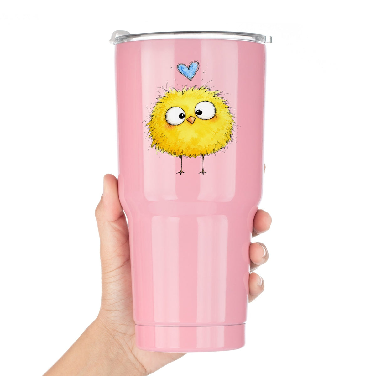 Fluffy Yellow Chick UV DTF sticker applied to a pink tumbler held against a white background
