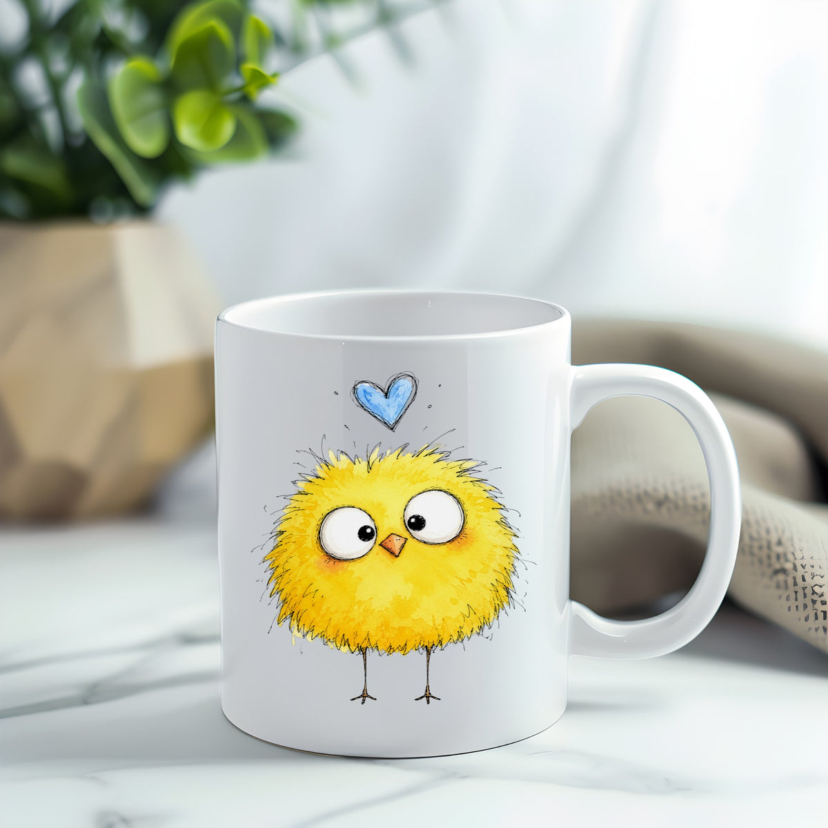 Fluffy Yellow Chick UV DTF sticker applied to a white coffee mug