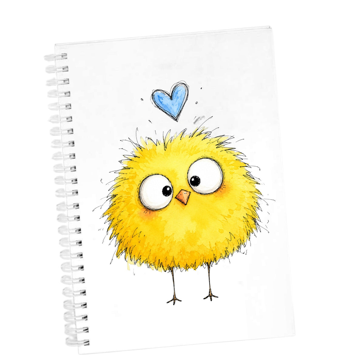 Fluffy Yellow Chick UV DTF sticker applied to the cover of a white spiral journal