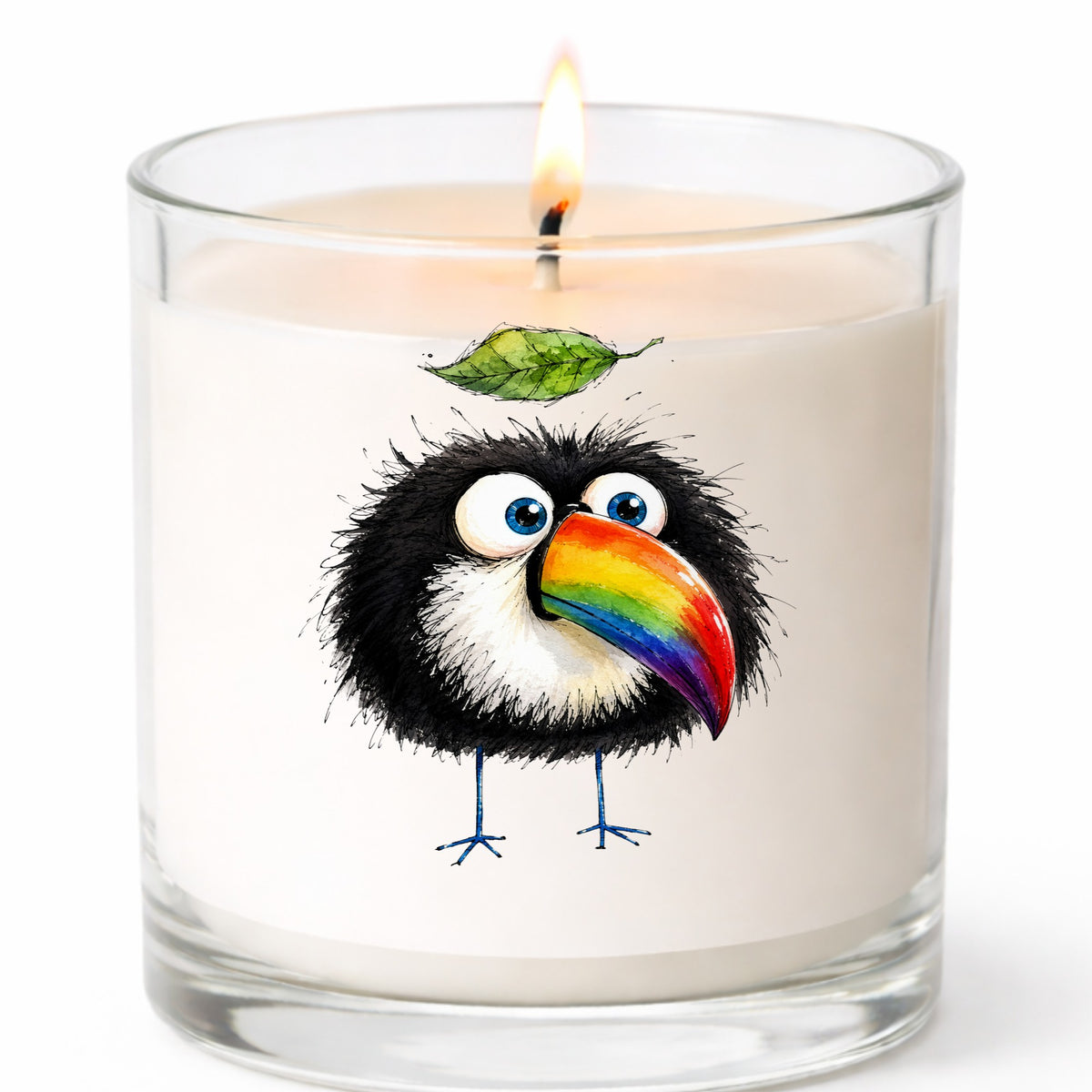 Toucan With Leaf UV DTF sticker applied to a white candle in a clear glass jar