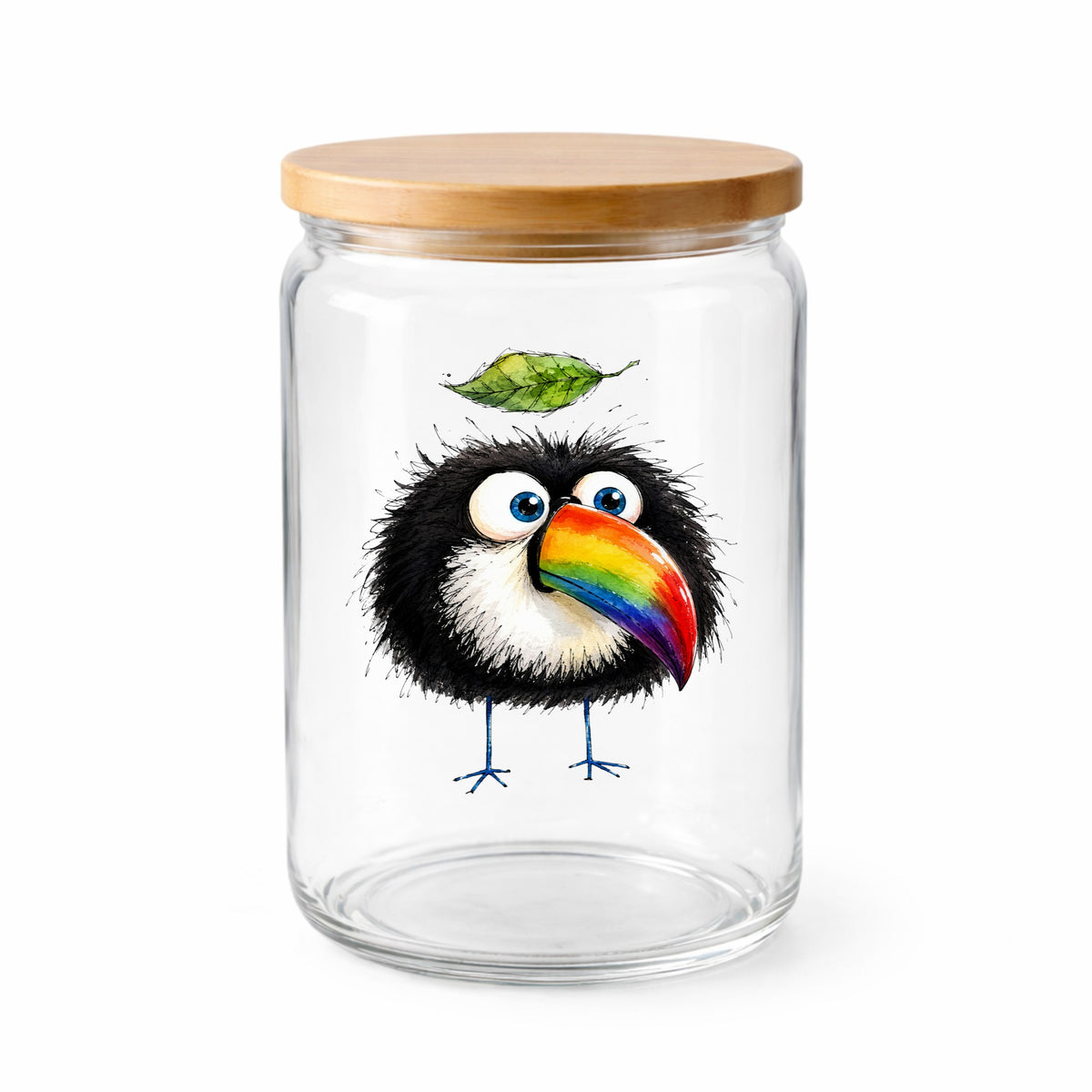 Toucan With Leaf UV DTF sticker applied to a clear glass jar with a wooden lid