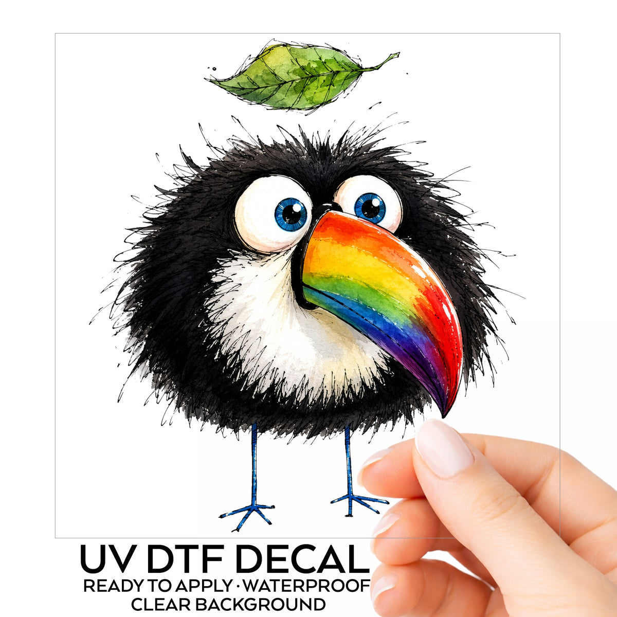 Toucan With Leaf UV DTF sticker on its backing card, held in hand
