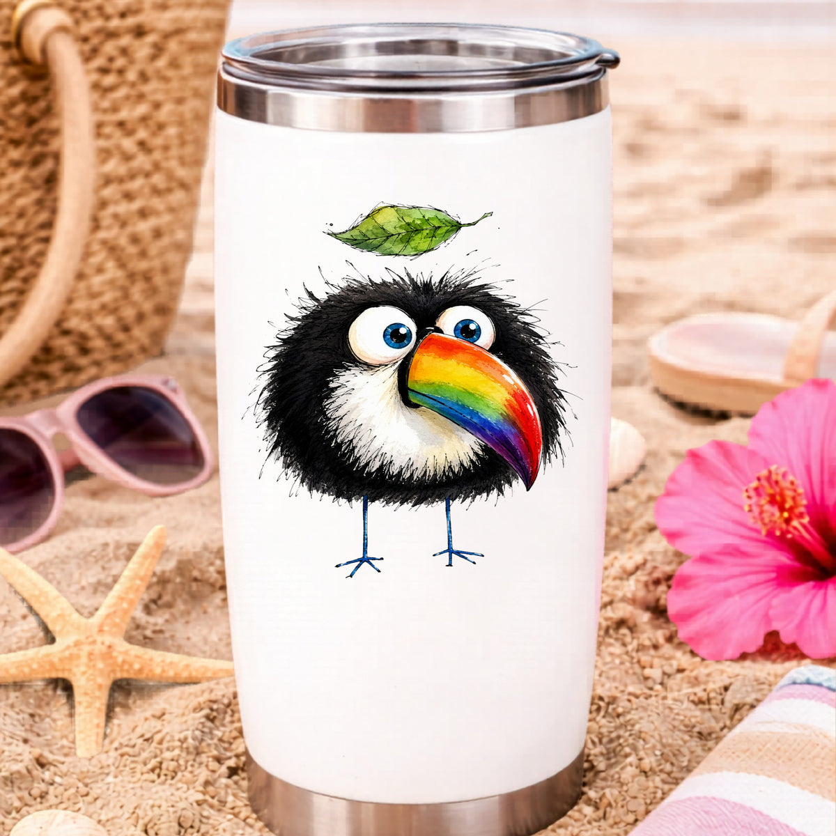 Toucan With Leaf UV DTF sticker applied to a white travel tumbler on beach sand