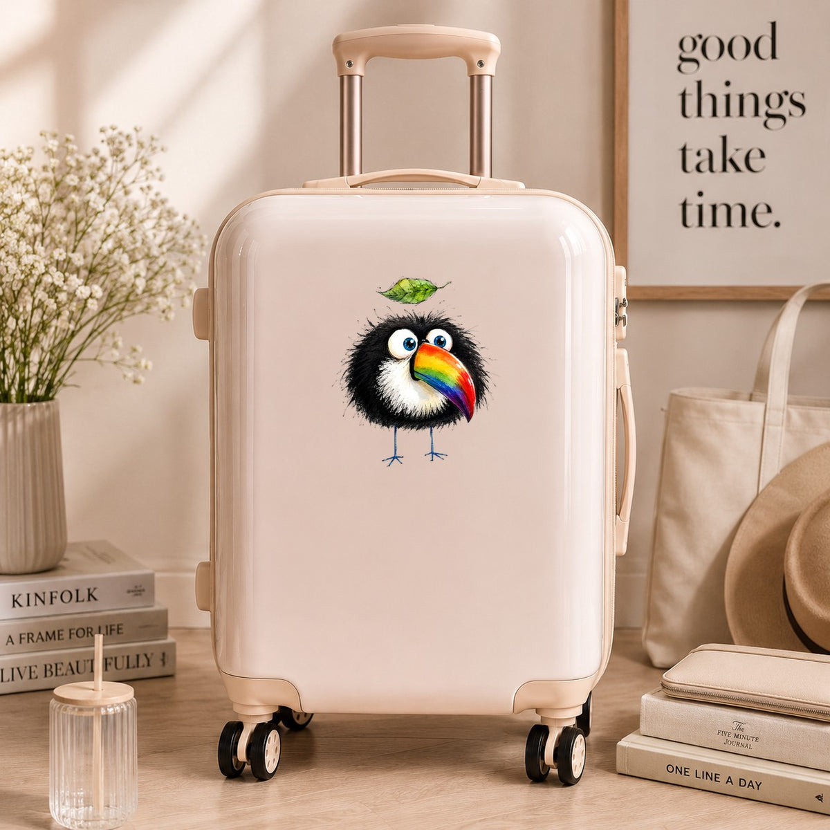 Toucan With Leaf UV DTF sticker applied to a cream carry-on suitcase