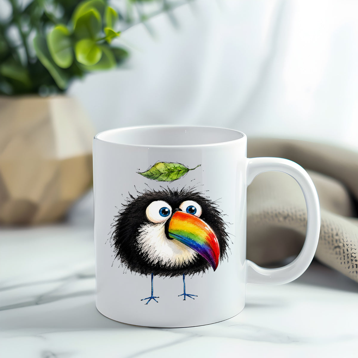 Toucan With Leaf UV DTF sticker applied to a white coffee mug
