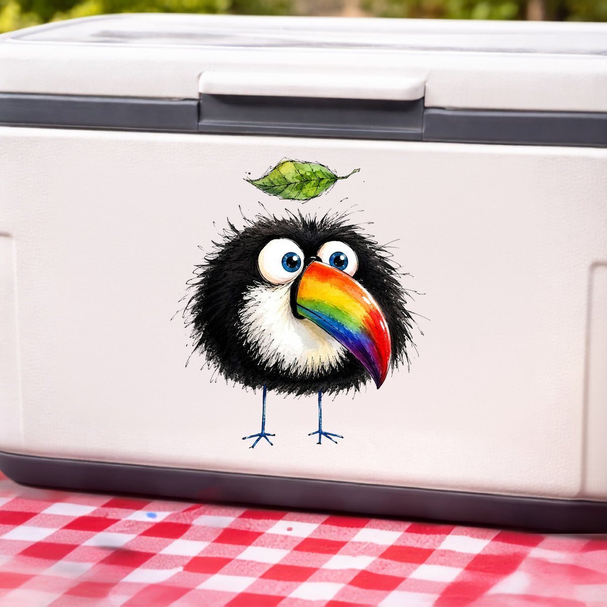 Toucan With Leaf UV DTF sticker applied to a white cooler on a red gingham cloth