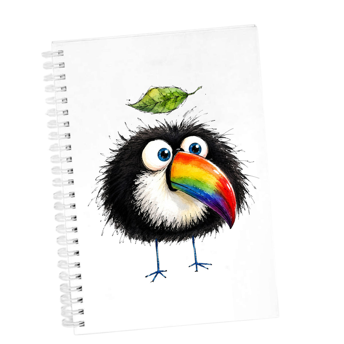 Toucan With Leaf UV DTF sticker applied to the cover of a white spiral journal