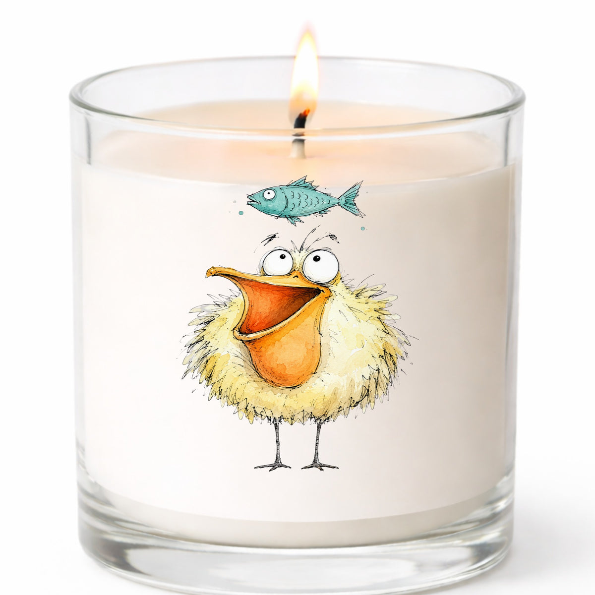 Funny Pelican With Fish UV DTF sticker applied to a white candle in a clear glass jar