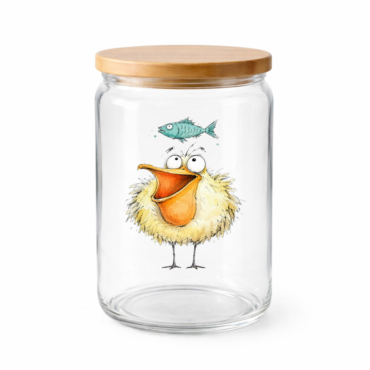 Funny Pelican With Fish UV DTF sticker applied to a clear glass jar with a wooden lid