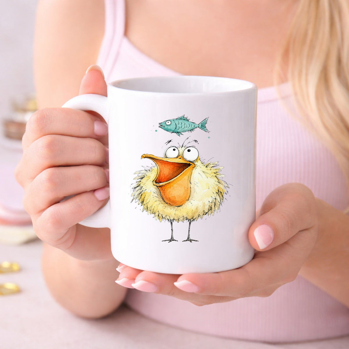 Funny Pelican With Fish UV DTF sticker applied to a white coffee mug held in both hands