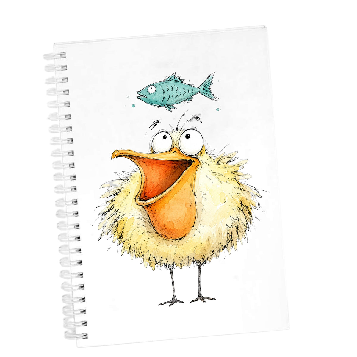 Funny Pelican With Fish UV DTF sticker applied to the cover of a white spiral journal