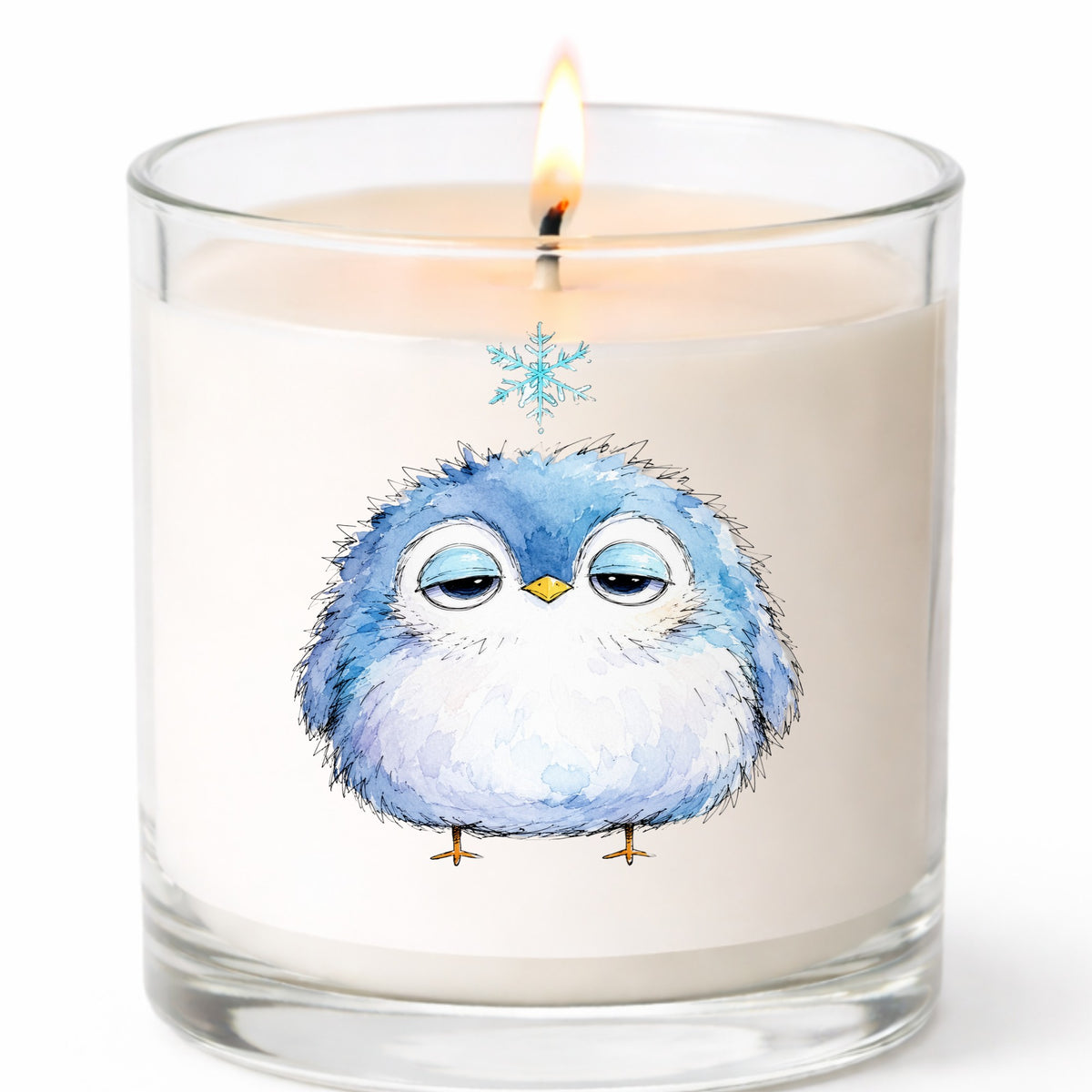Sleepy Blue Bird Snowflake UV DTF sticker applied to a white candle in a clear glass jar