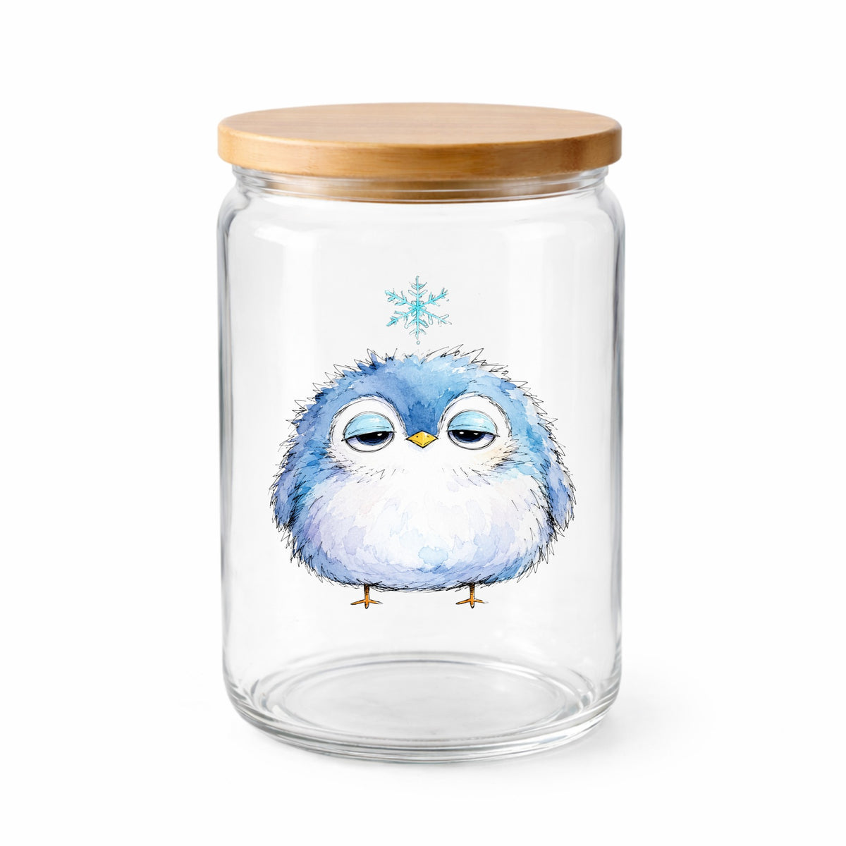 Sleepy Blue Bird Snowflake UV DTF sticker applied to a clear glass jar with a wooden lid