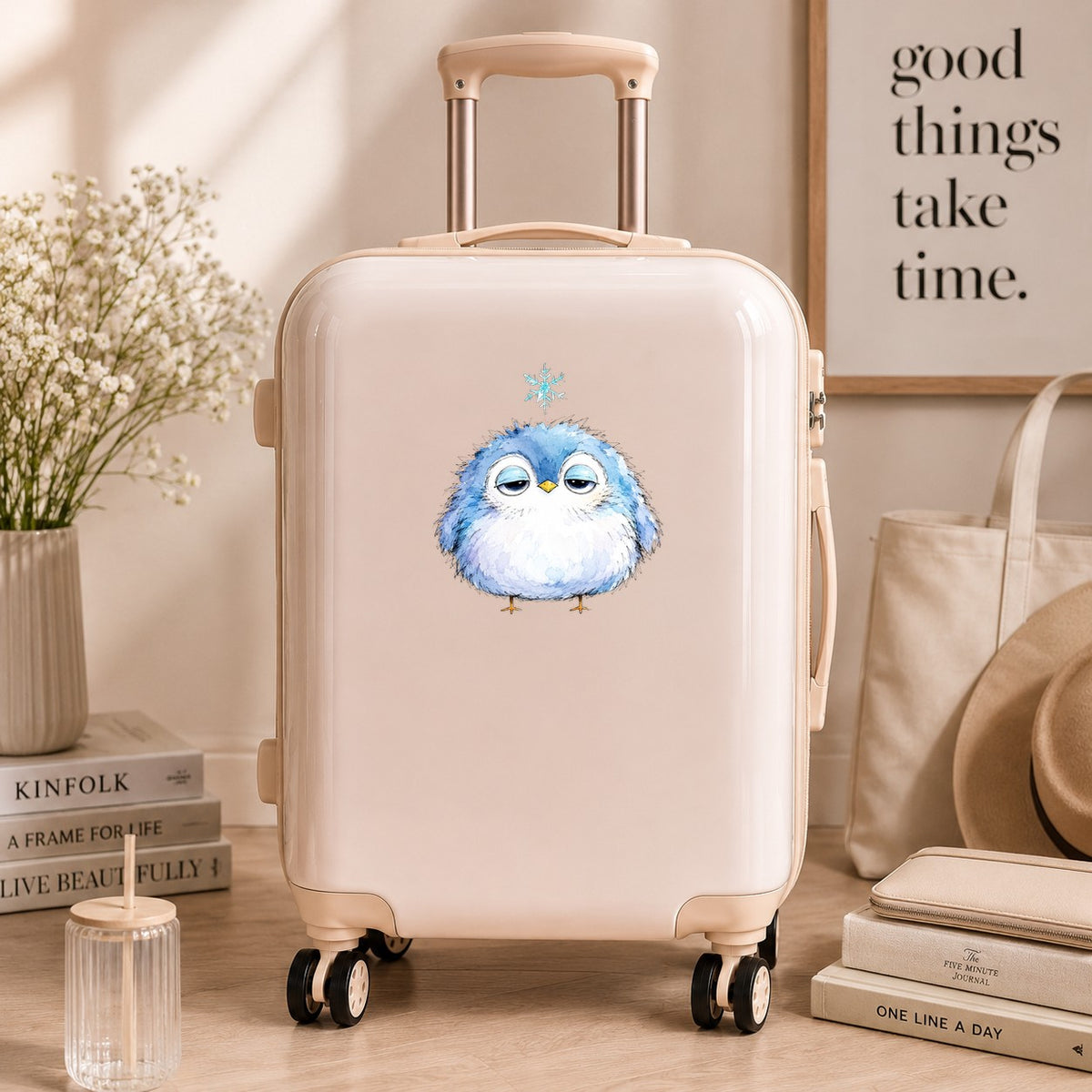 Sleepy Blue Bird Snowflake UV DTF sticker applied to a cream carry-on suitcase