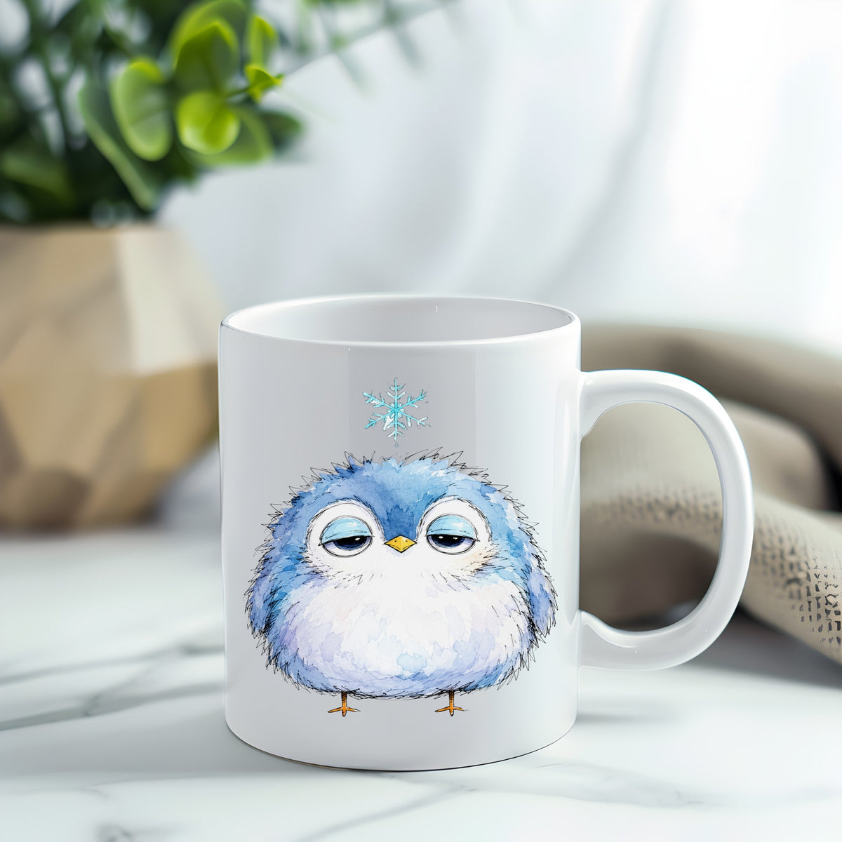 Sleepy Blue Bird Snowflake UV DTF sticker applied to a white coffee mug
